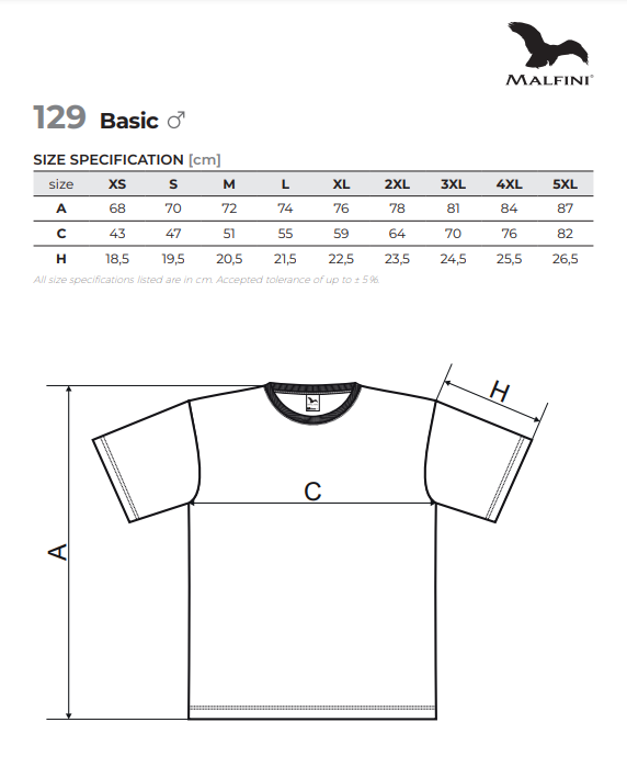 Pánské tričko BASIC - tabulka velikostí
